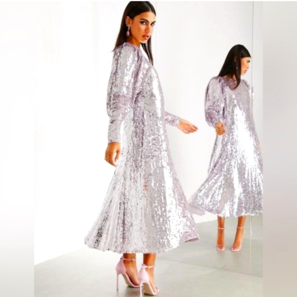 ASOS EDITION BLOUSON SLEEVE SEQUIN MIDI DRESS IN LILAC